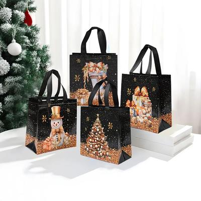 Merry Christmas Black Gold Non-Woven Bag Snowman Xmas Tree Pattern Tote Bag Gift Packaging Waterproof Storage Pouch