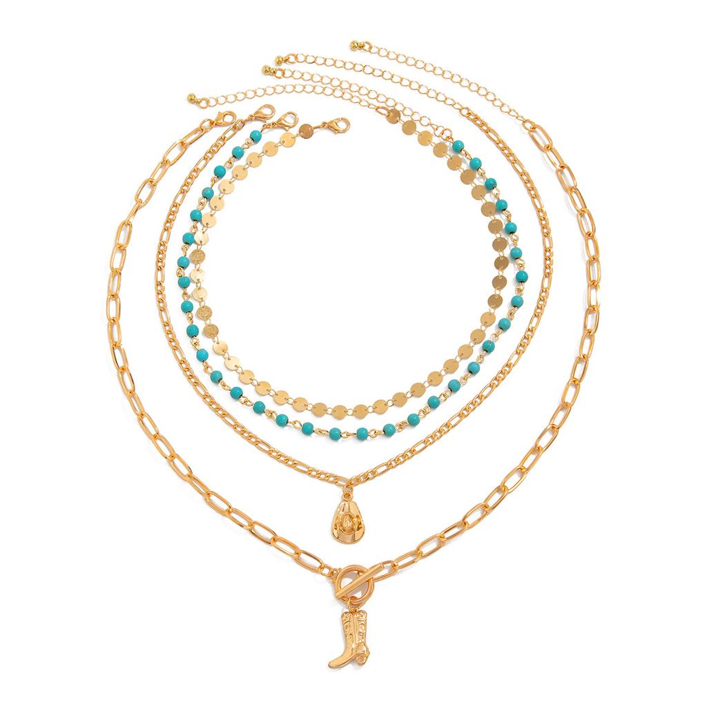 Retro Ethnic Style Imitation Turquoise Beaded Necklace Women, Personalized Metal Hat Boots Collarbone Necklace