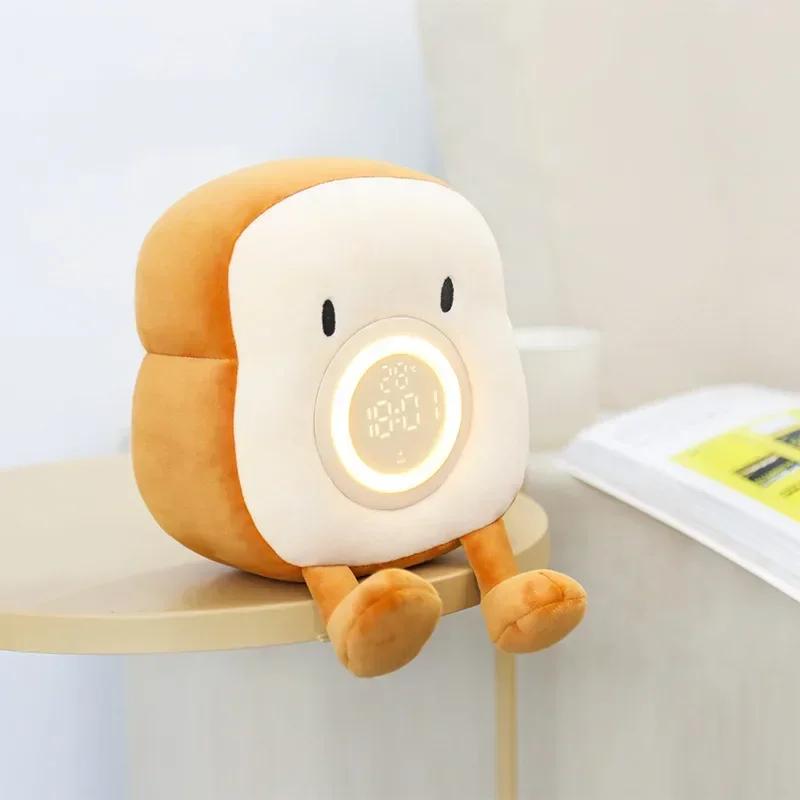 Bedroom Digital LED Clock Lamp Ipad Stand Cartoon Plush Toast Desktop Electronic Clock with Vibration Function Decoration Gift
