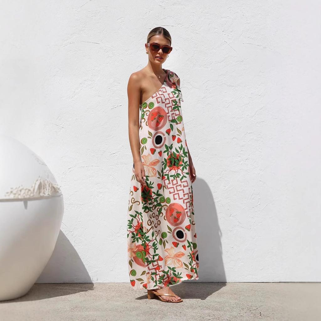 Women's Summer One Shoulder Sleeveless Dresses Floral Flowy Ruffle Maxi Sundresses Casual Boho Beach Party Wedding Guest Dresses for Women