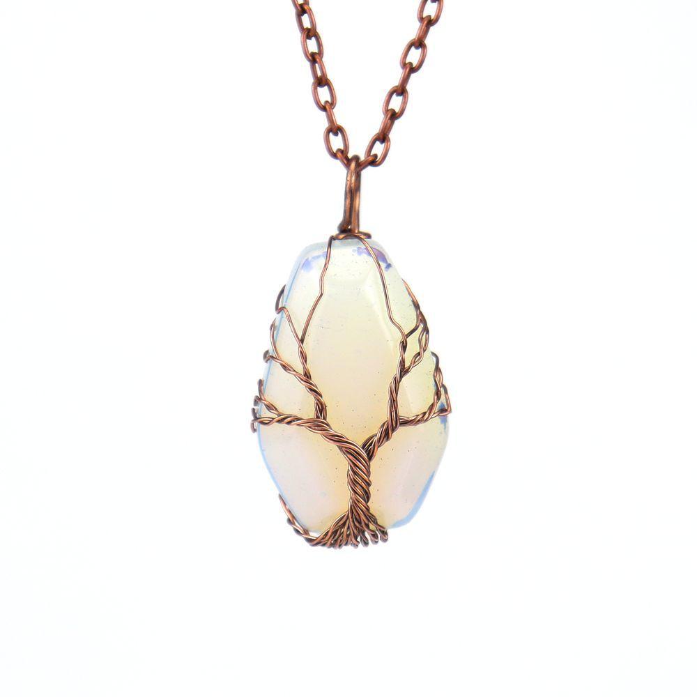 Handmade Ancient Red Copper Wound Tree Of Life Natural Crystal Stone Octahedron Necklace Fortune Tree Necklace N539