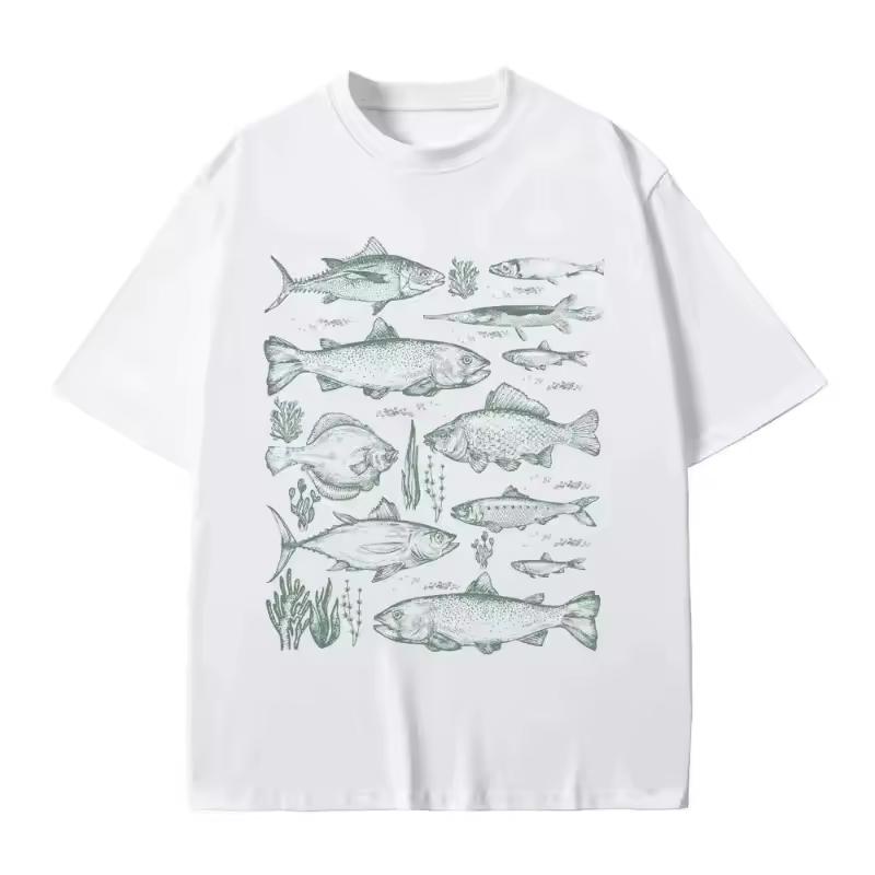 Fish Tattoo Style T-shirt Fishing Funny Meme Graphic T Shirts Women Casual Vintage Short Sleeve Harajuku Oversized T Shirt