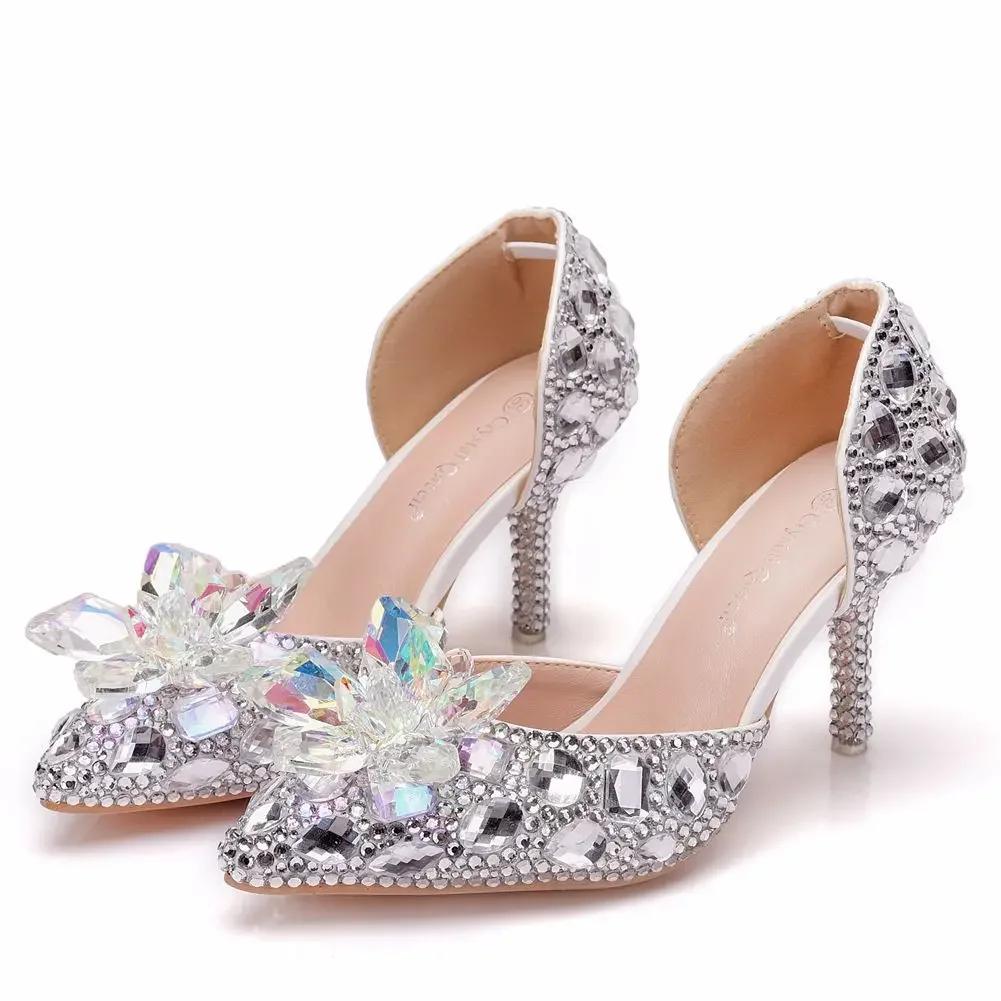 

New Fashion Women Sandals PU 7.5CM Thin Heels Slip On Rhinestone Casual Woman Shoes Golden Women Dress Sandals Mature 38 срібний