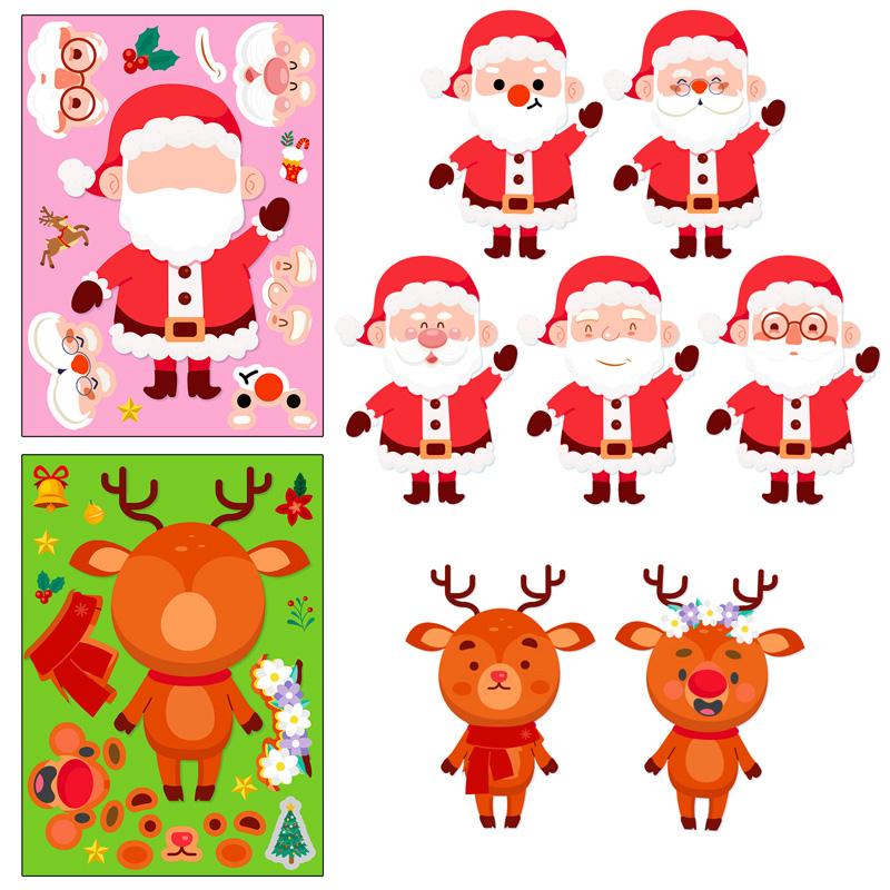 6 Sheets/Set Cartoon Christmas Theme Make a Face Stickers Children's Handmade DIY Sticker Puzzle for Gifts Packaging Decoration