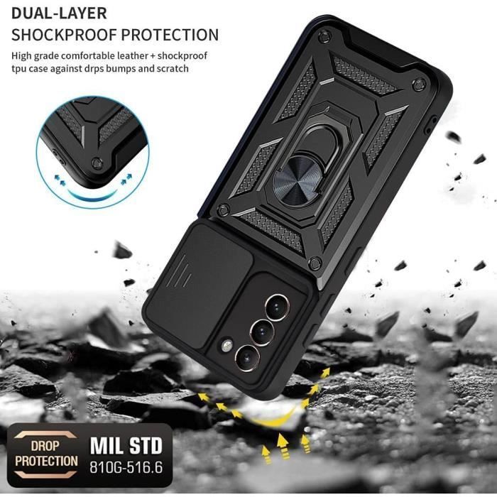 Coque de Protection - PROSHOP - pour Samsung S21 Plus - Noir - Antichoc - Support Anneau 360° - avec 2 Verres Trempés