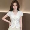 White V-neck short-sleeved shirt, summer new fat sister waist design sense work commuter shirt