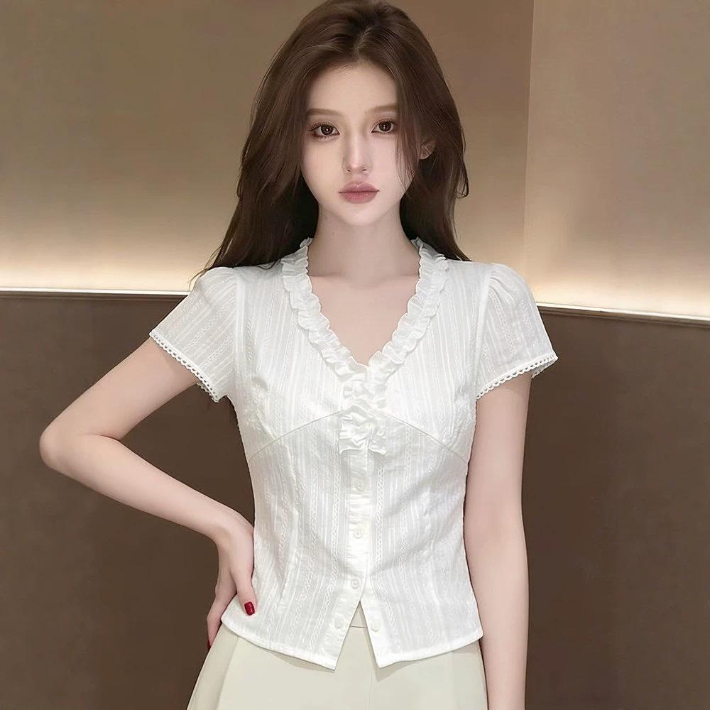 White V-neck short-sleeved shirt, summer new fat sister waist design sense work commuter shirt