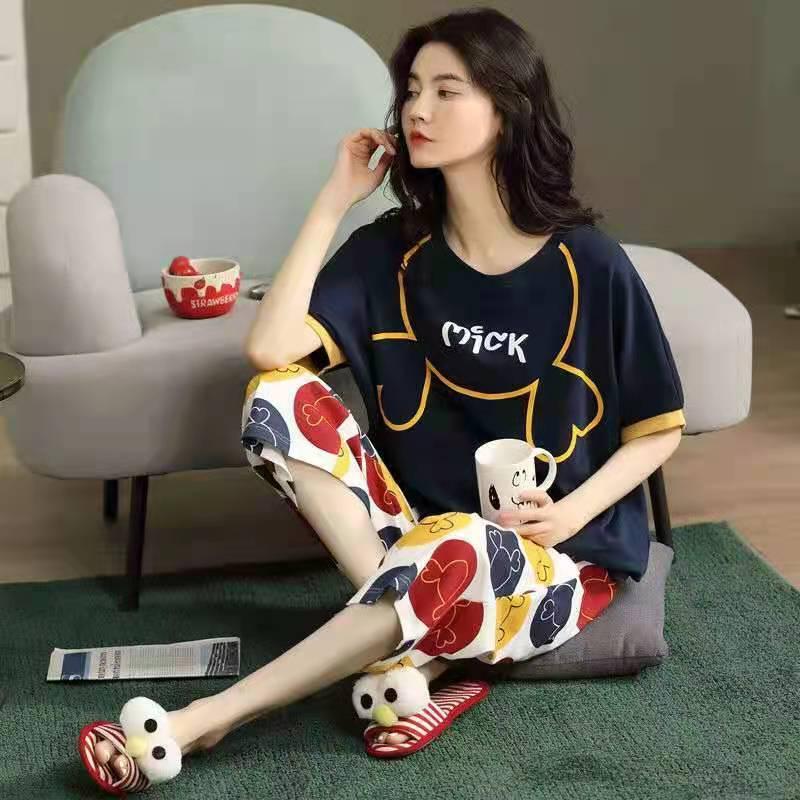 Women's Summer Korean Cartoon Pajama Set - Short-Sleeved Top with Seven-Point Pants
