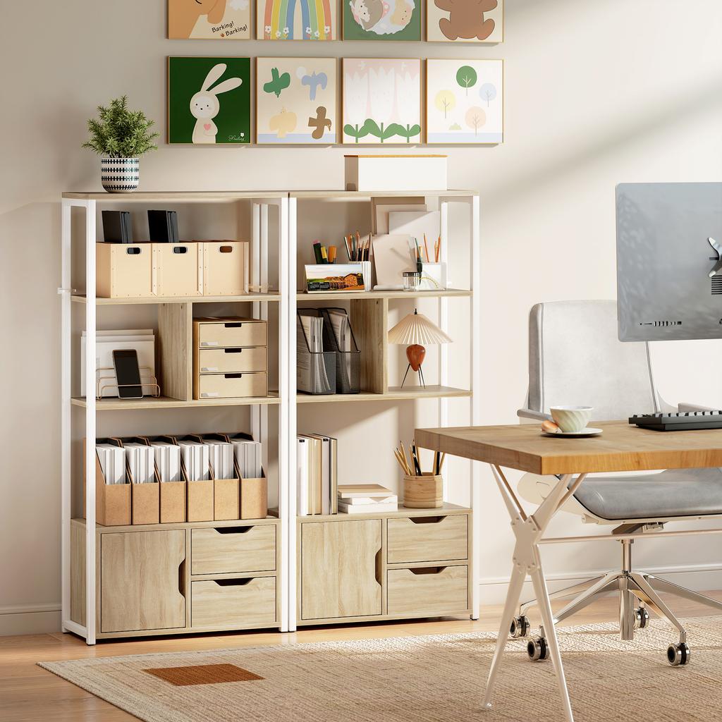 Bookcase Bookshelf with Shelves Drawers and Door 58x24x122 Cm Industrial Style White and Natural Wood