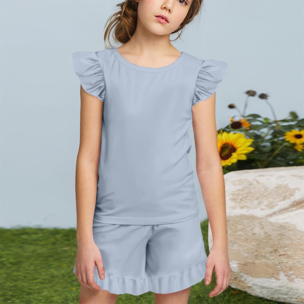 Summer Girls Cute Suit Flying Sleeves T-shirt Top + Ruffled Shorts Daily Outdoor Wear Cute Casual Fashion 2-Piece Set