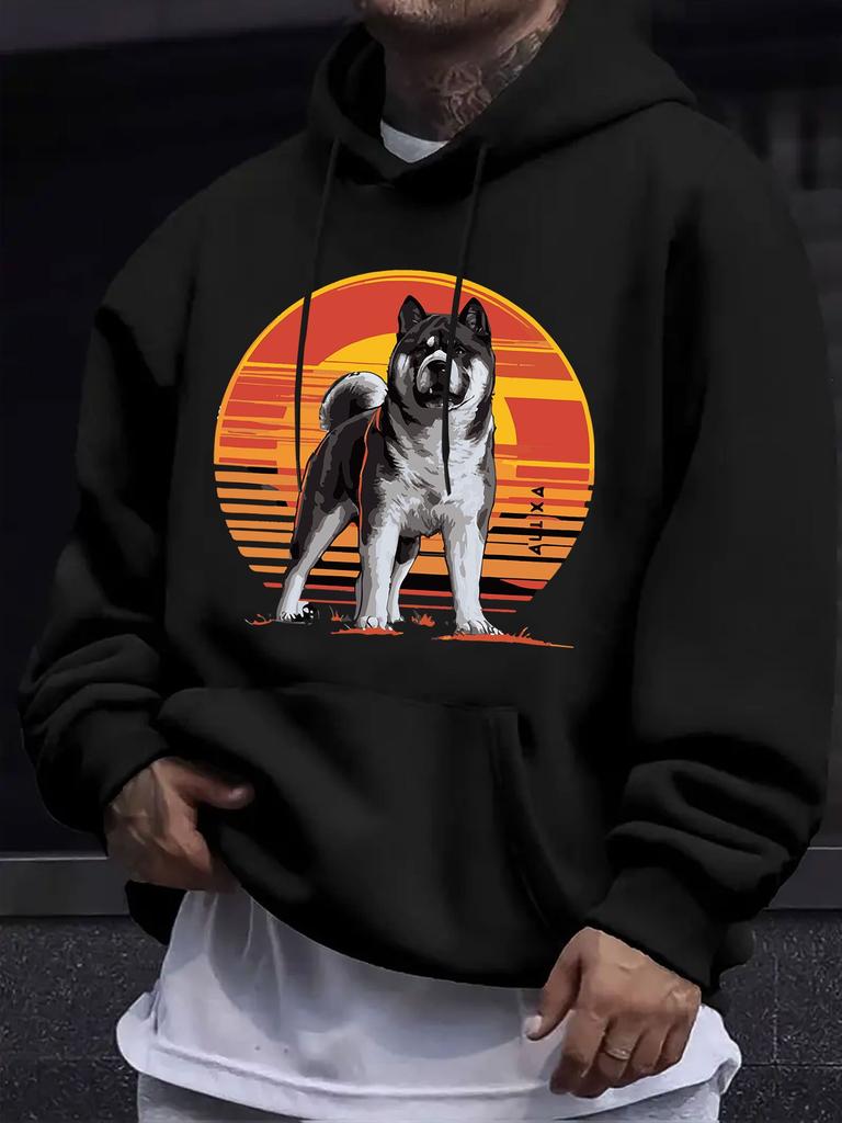 American And European Style unisex Fall Winter Print Hoodie Long Sleeve Sweatshirt, Husky Sunset Silhouette Print Hooded Sweatshirt, Cute And Casual S