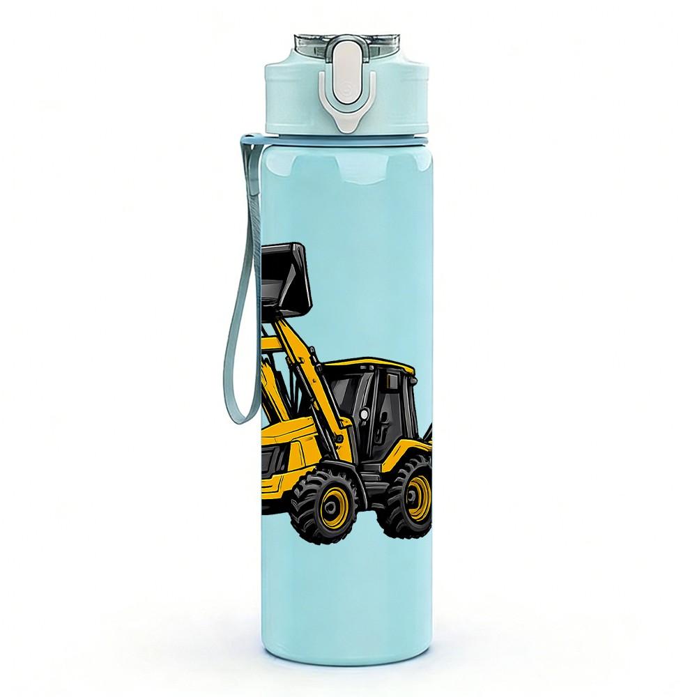 1PC Yellow Excavator Machine Pattern 750ml Color Plastic Sports Water Bottle Leakproof Flip Straw Lid Suitable for Sports Office Home Use