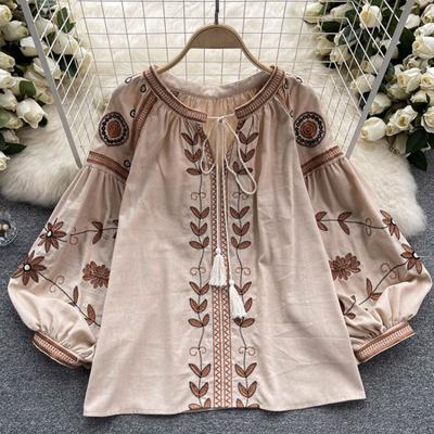 Women Spring Vintage Blouse Korean Embroidered Ethnic Style Shirt Embroidered Tassel Loose Tie Round Neck Bubble Sleeve New Top