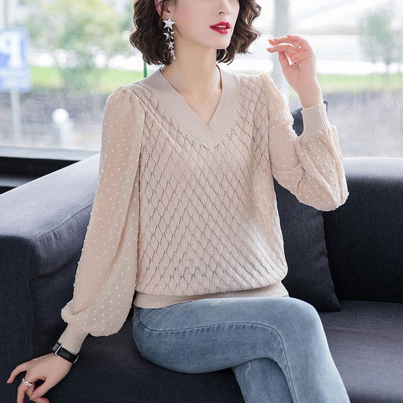 Chiffon Stitching Yarn Sleeve V-neck Sweater Women's Autumn Loose Hollow Thin Sweater Women's Bottoming Shirt