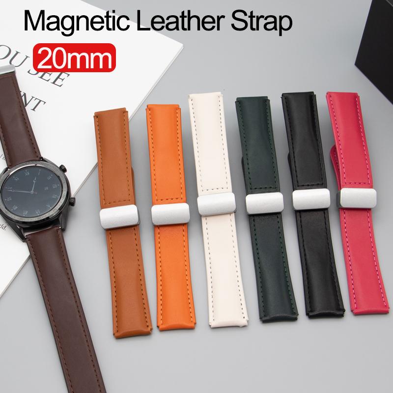 20mm Leather Strap for Samsung Galaxy Watch 6/5/4 44mm 40mm/5 Pro 45mm/Active 2/Leather Magnetic Buckle Band /Huawei Watch 42mm
