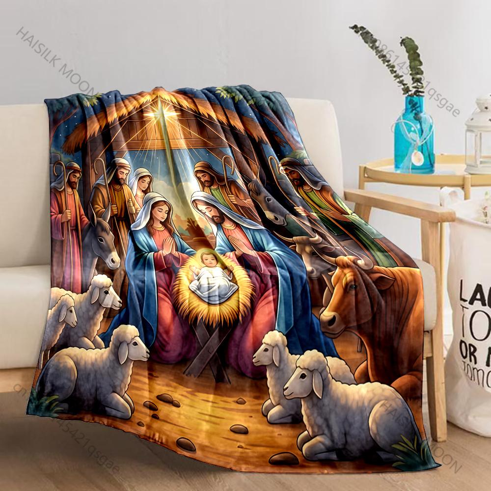 1PC Jesus birth scene Print Believer Pray blanket Warm soft flannel material suitable for all seasons luxurious gift