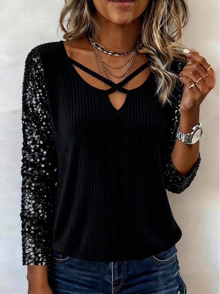 European-American Fashion Sequin Patchwork V-neck Long Sleeve Women's Top