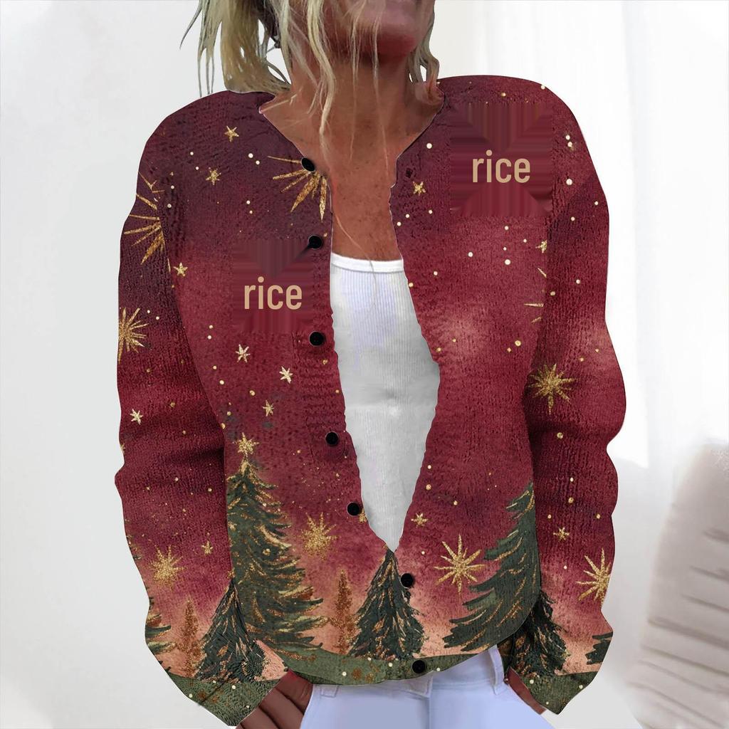 New Christmas 3D Print Faux Fur Knit Cardigan Coat