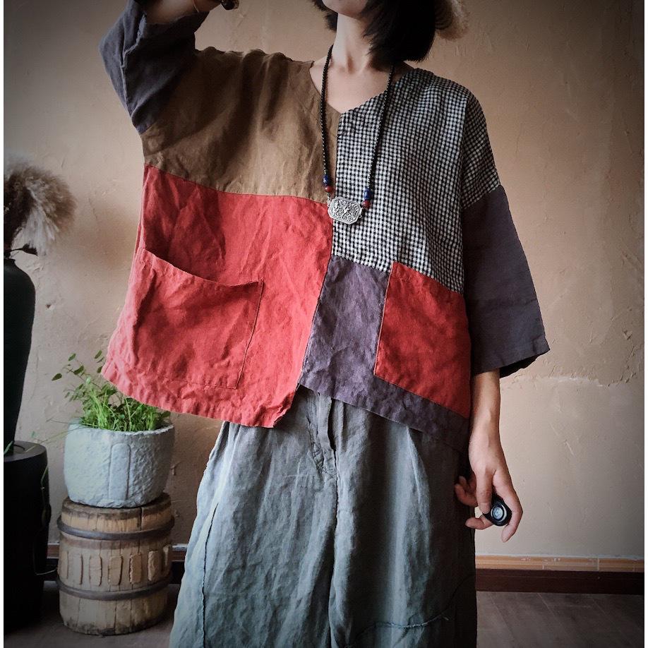 Ancient Mud Patchwork Loose Linen Top - Women's Plus Size Artistic Black & White Plaid Shirt