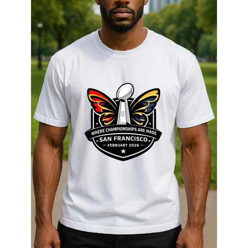 European sizes Championship Trophy and Butterfly 60th Rugby Match Men'S Print Short-Sleeved T-Shirt | Regular Fit, Sweat-Absorbing, Quick-Drying