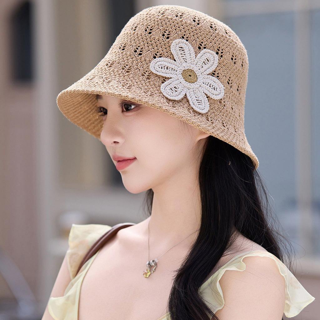 Solid Knit Hollow Out Bucket Hat Women Spring Summer Breathable UV Sun Protection Fisherman Hat