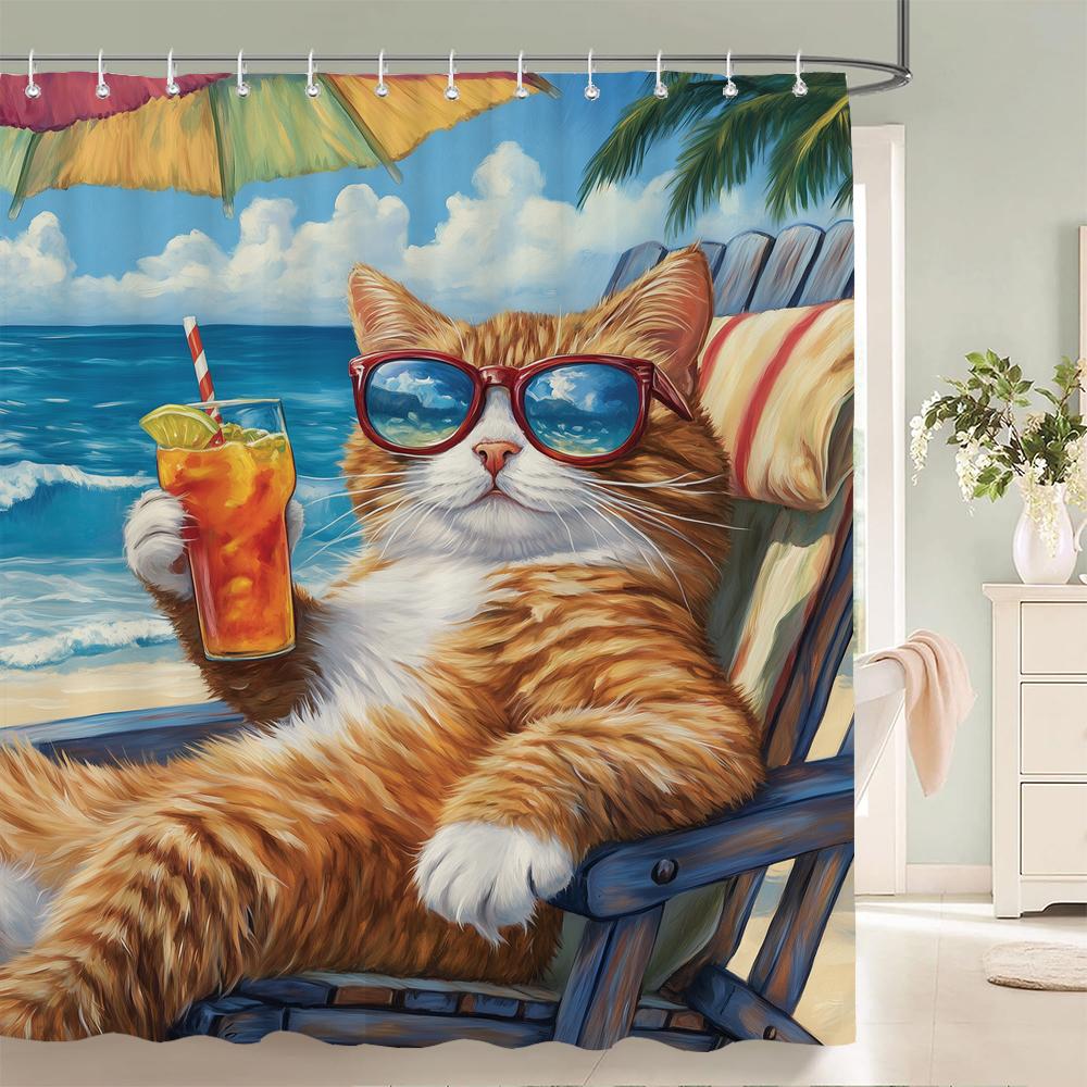Funny and Creative Beach Cats and Dogs Fabric Shower Curtain Waterproof Polyester Bath Curtains for Bathroom Decorate with Hooks