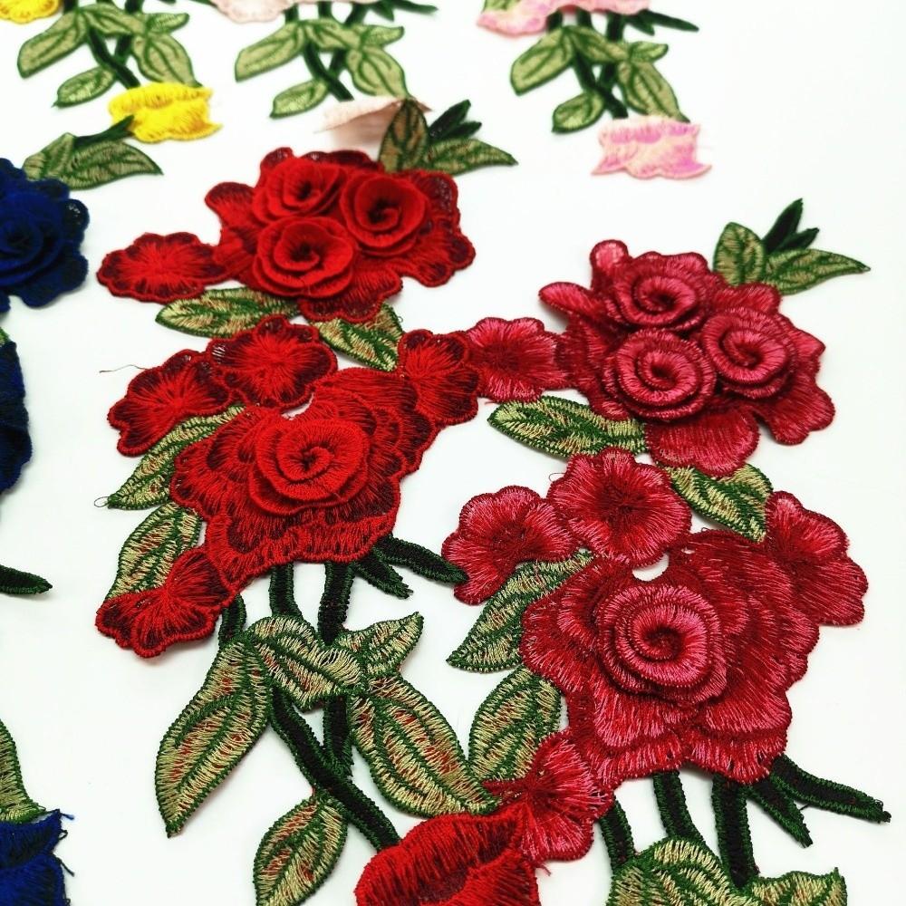 3D Embroidered Sewing On Patches Rose Flower Multicolor Neckline Collar Applique Ethnic Style Craft Flower Patch Sticker