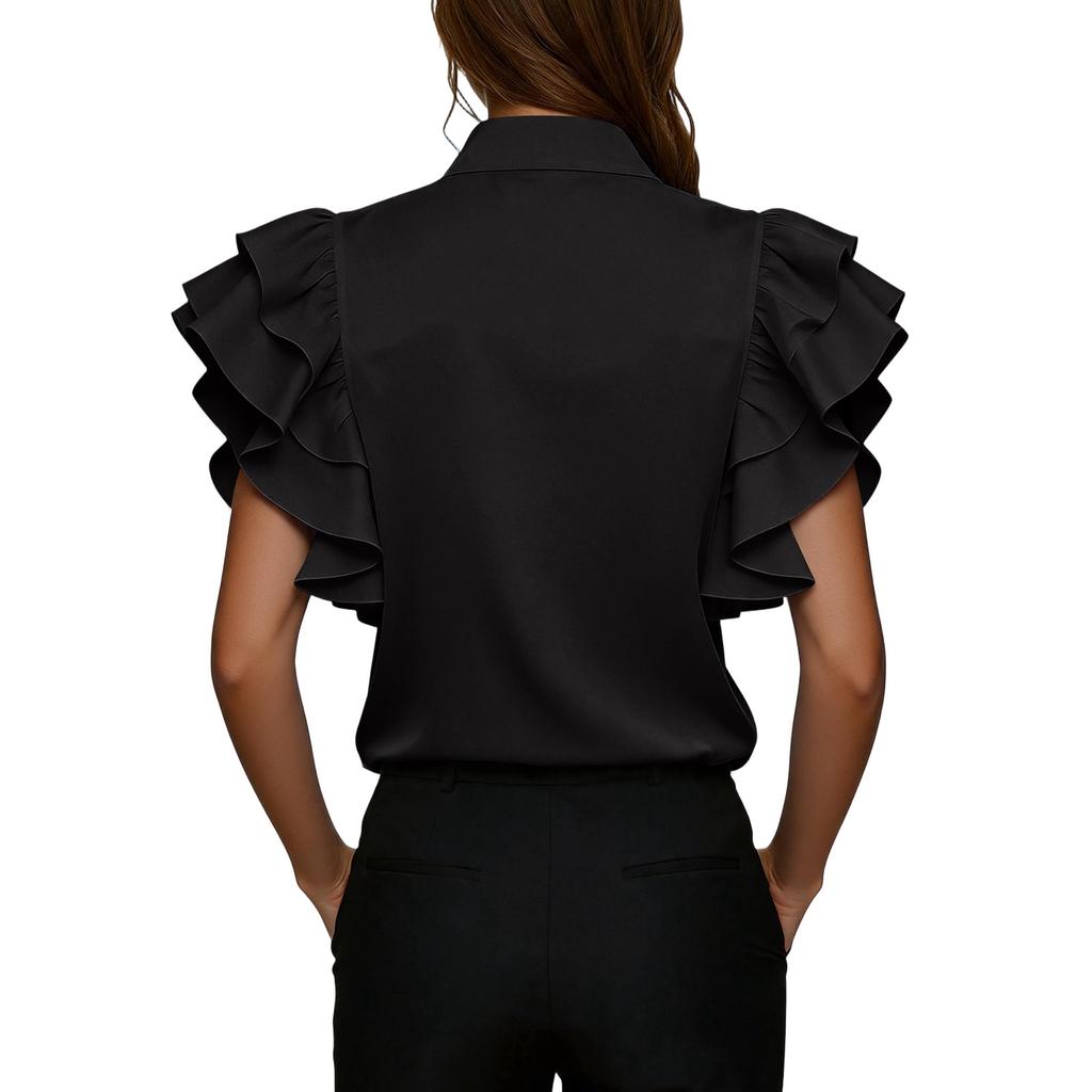 Womens V Neck Blouse Short Sleeve Top Ruffle Sleeve Shirt Lightweight Casual Office Wear Summer Fashion