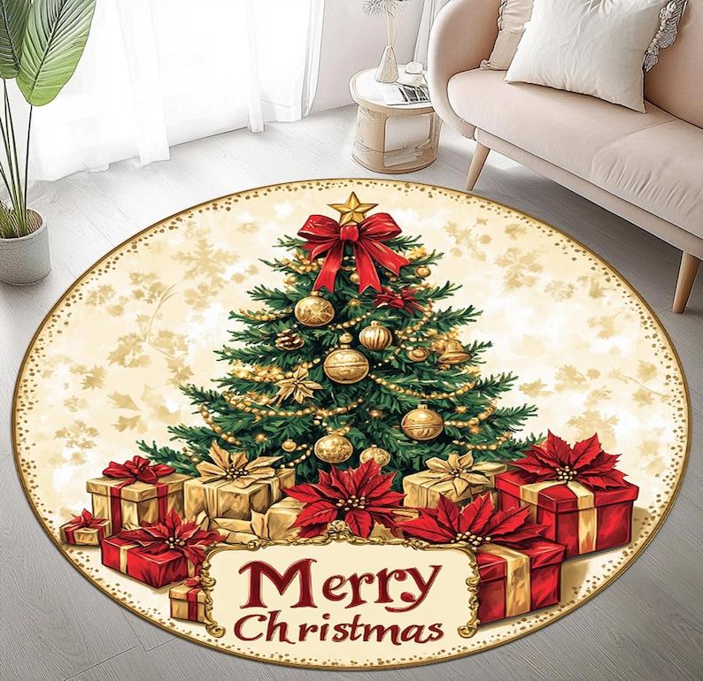 

Christmas Tree Round Rug, Merry Xmas Decor Gift Mat for Living Room, Non-Slip Holiday Home Carpet with Festive Green Red Design Diameter 100cm