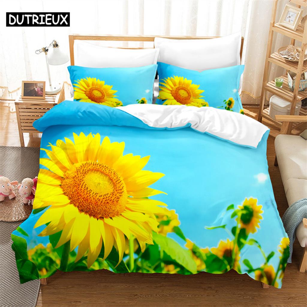 Floral Quilt Cover Queen Size Sunflower Duvet Cover 3D Bedding Set 3Pcs 2Pcs With Pillowcase King Full Twin Single Double Beds