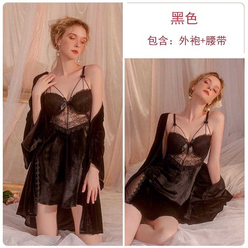 Women's Velvet Solid Lace Sheer Underwire Push Up Padded Robe Lounge Set