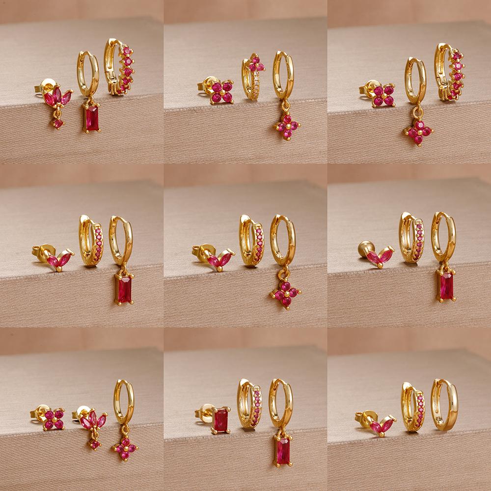 3PCS Rose Red Cubic Zircon Stainless Steel Hoop Earrings Set 18K Gold Plated Huggie Pendant Piercing Earring Women's Jewelry