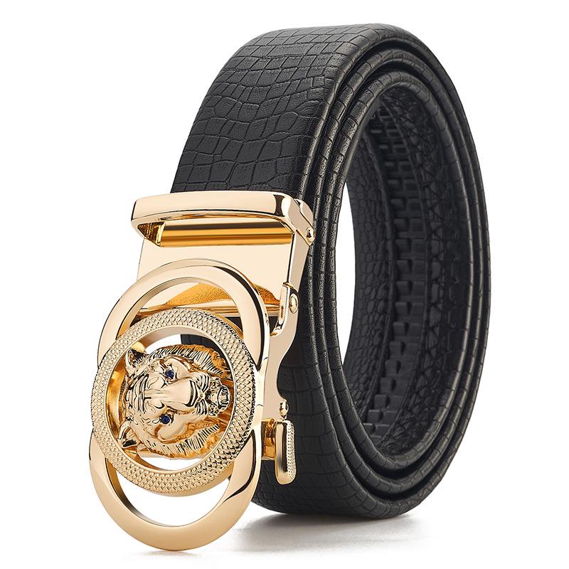 Men's Genuine Leather Belt with Lion Head Automatic Alloy Buckle