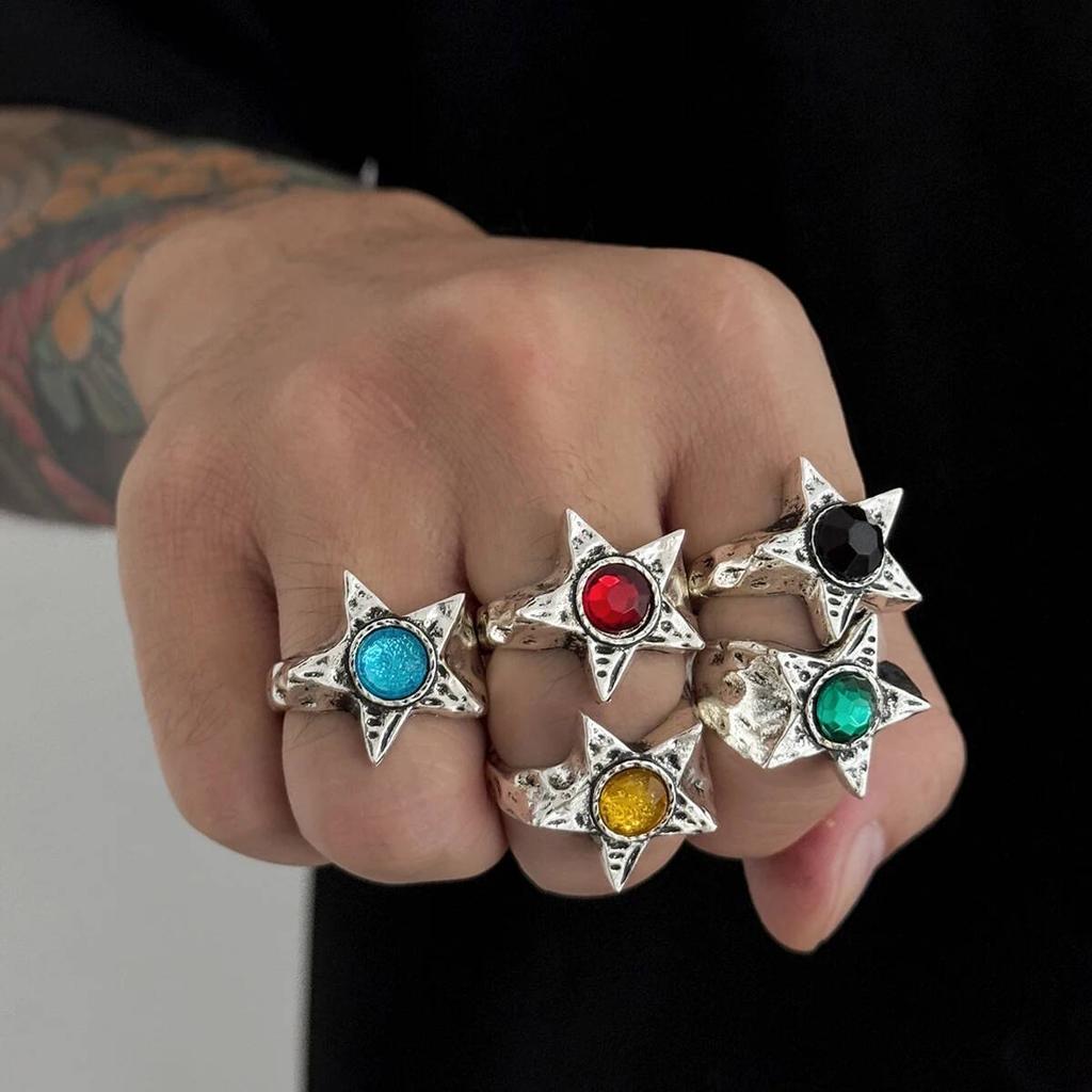 Salircon  5 Styles Exquisite Multicolor Acrylic Rhinestone Pentagram Ring Men Punk Adjustable Finger Rings Couple Jewelry