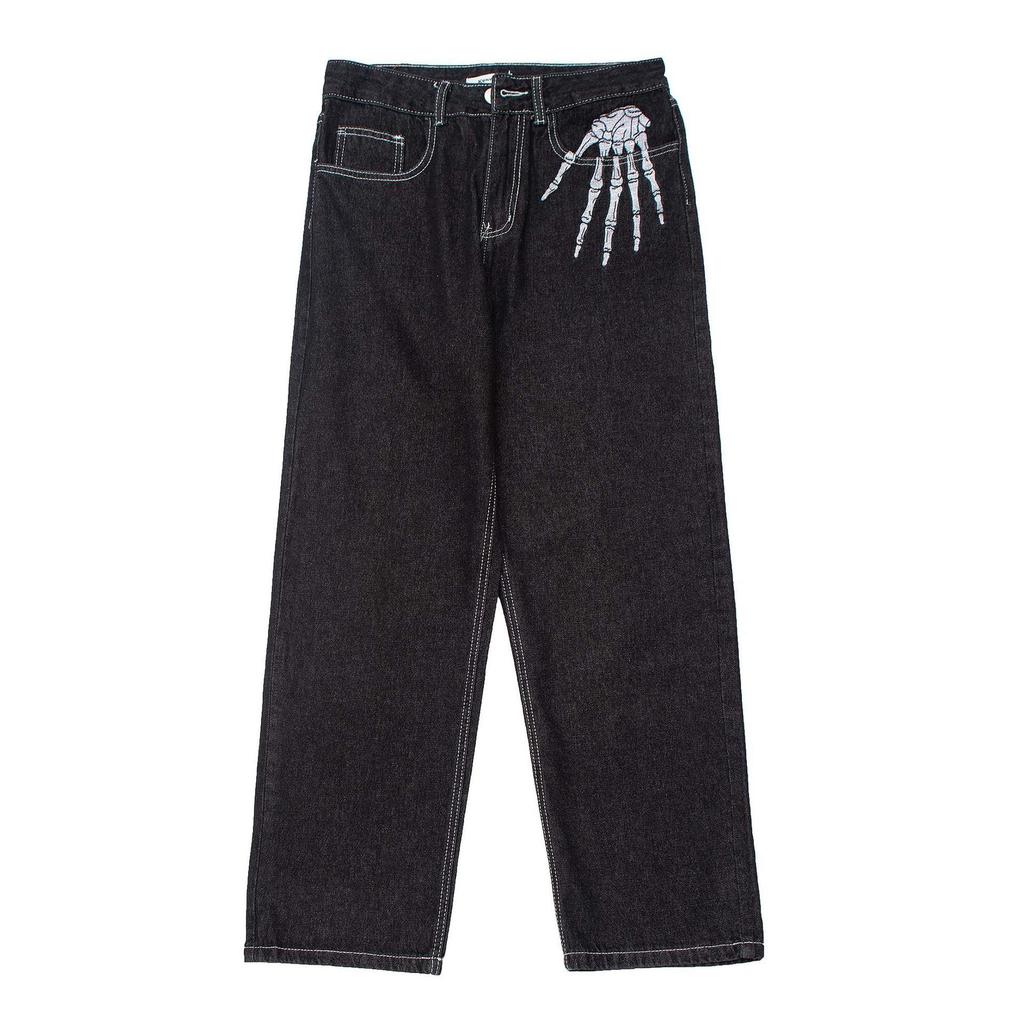 Jeans Uomo Stampa Osso Scuro Pantaloni Larghi Trendy Gamba Dritta