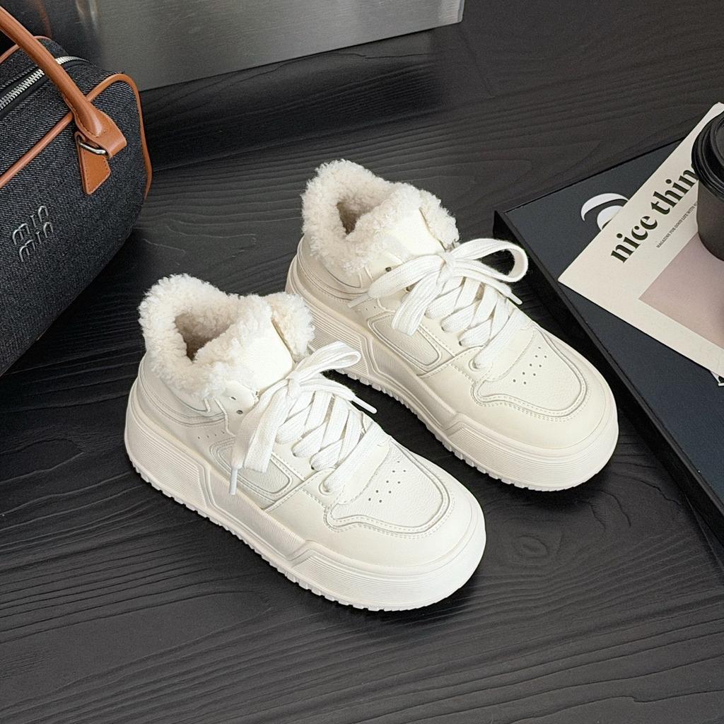 Leather high-top little white shoes women's new versatile winter velvet thickened snow boots thick-soled warm large cotton shoes