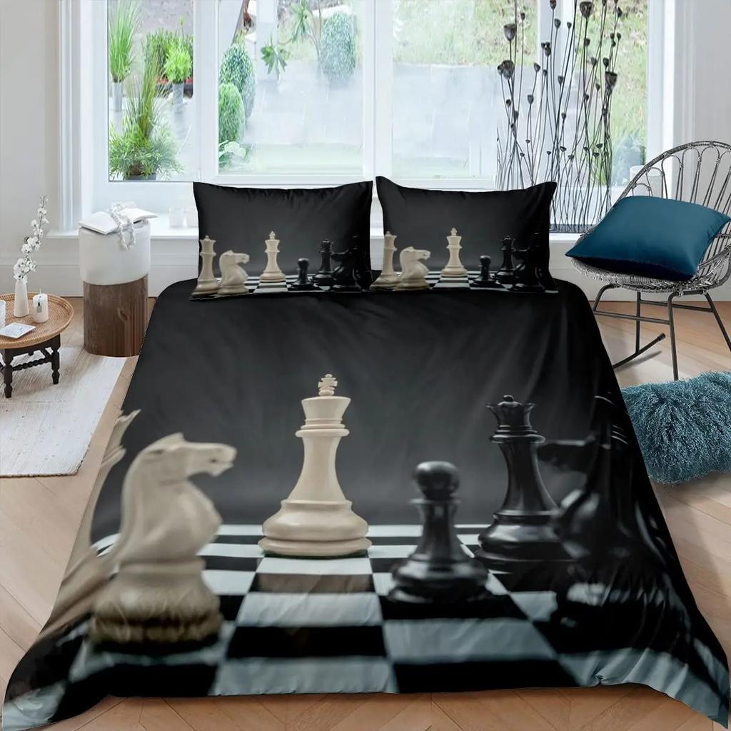 Chess Duvet Cover Set Chess Sports Games Bedding Sets Buffalo Plaid Check Comforter Cover Flowers Checkerboard Quilt Cover Queen