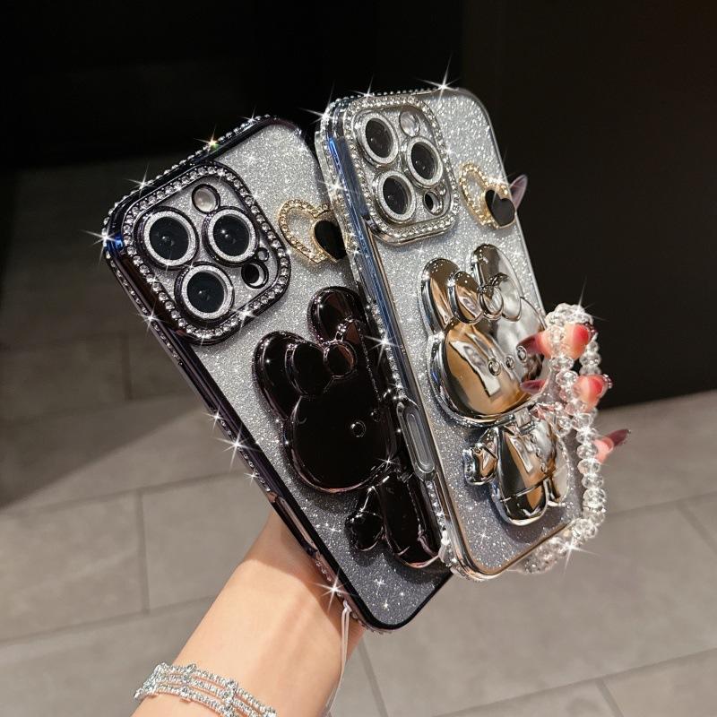Applicable to iPhone17 mobile phone case electroplated rhinestone glitter Apple 16 rabbit mirror holder 15 crystal bracelet 14