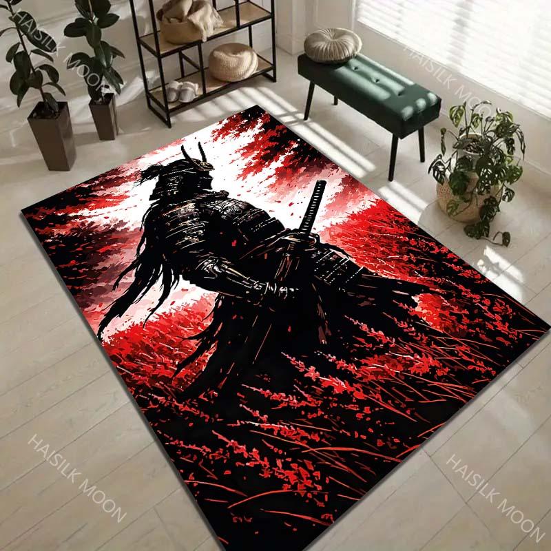 Samurai silhouette in red field Print Carpet Rug for Living Room Bedroom Sofa Doormat Home Decor Non-slip Floor Mat