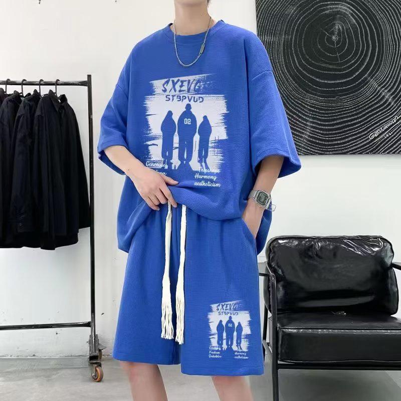 Men's Casual Ice Silk Waffle Suit - Loose Fit Summer T-Shirt & Shorts Set