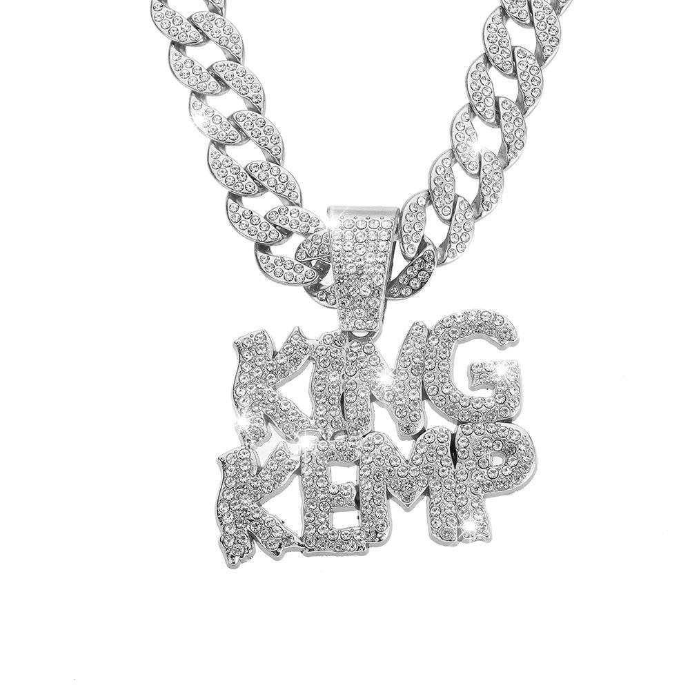 European and American Hip-hop Fashion Design Trend Letter KINGKEMP Full Diamond Alloy Pendant Cuban Chain Men's Necklace