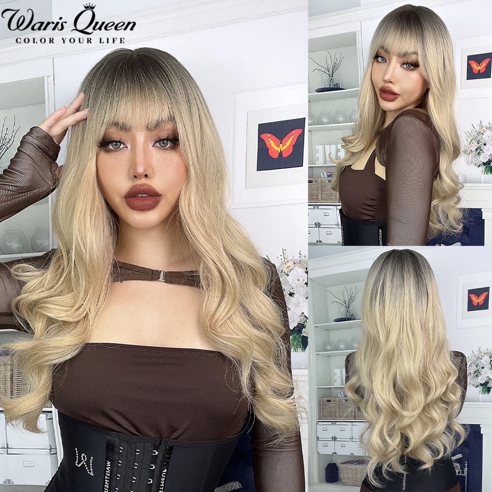 Long Wavy Black And Pink Synthetic Wig for Women With Bangs Natural Heat Resistant Part Cosplay Party Lolita Daily  Hair Wigs