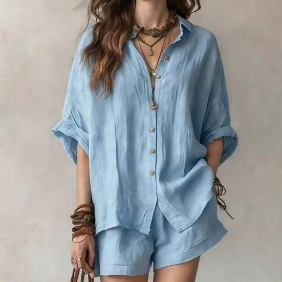 Women Summer Two Piece Outfit Casual Short Sleeve Button Down Shirt And Shorts Casual Lounge Sets with Pockets