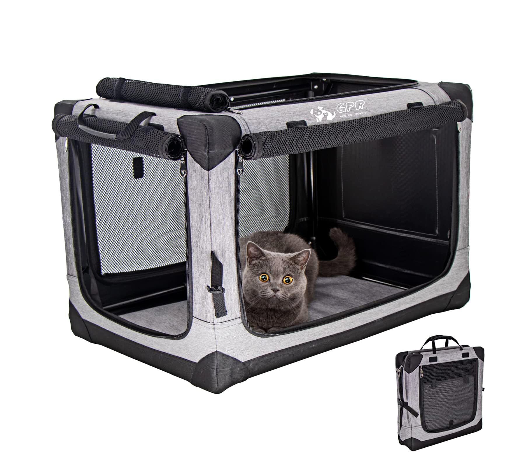 

GPR Мягкий домик для питомца с съемным сетчатым входом и железом для кошек и собак Клетка, Переноска, Чехол, 4-сторонний каркас, Складной, Моющийся, (Серебряный