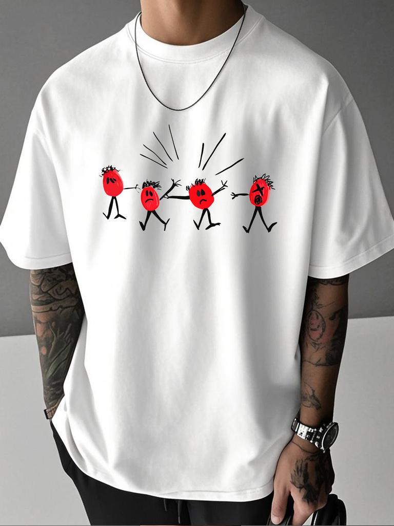 Unisex White Short Sleeve Tee Four Cartoon Red Tomato Stick Figures Explosion Graphic Crew Neck Loose Casual Male Daily Tops