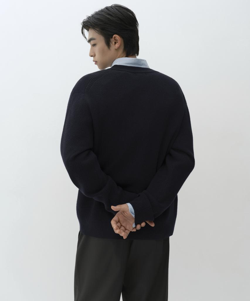 MUSINSA STANDARD [Victoria Wool] Minimal Ribbed V-Neck Knit [Navy]