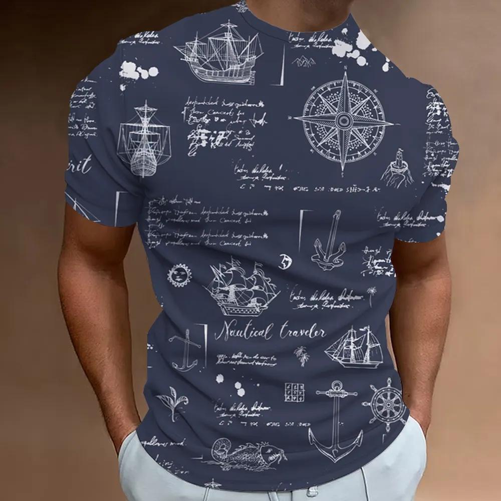 Ny T-skjorte 3D-trykket Nautisk Mønster Sommer Herre Klassisk Vintage T-skjorte Topp Herre Casual Oversized Rund Hals T-skjorte