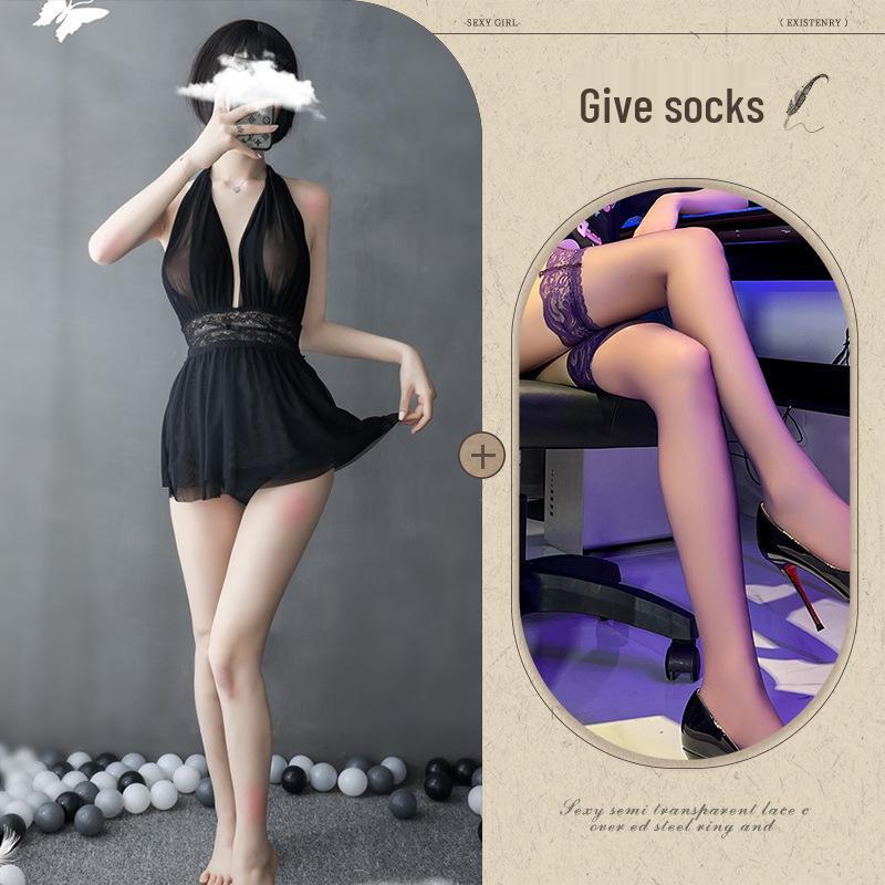 European-American Deep V Backless Mesh Halter Nightdress