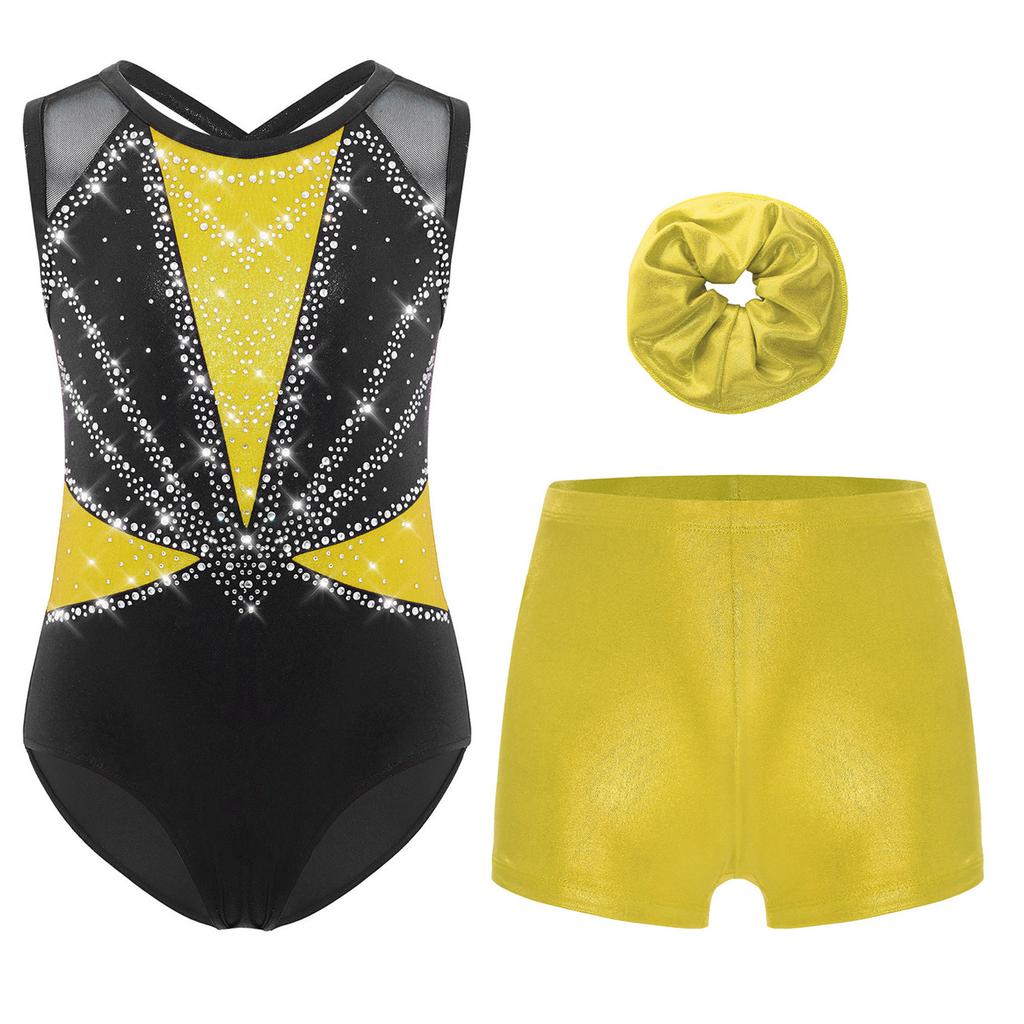 Girls 3 Piece Dance Set Sleeveless Metallic Leotard Criss Cross Back Rhinestones Color Block Design with Shorts Hairband
