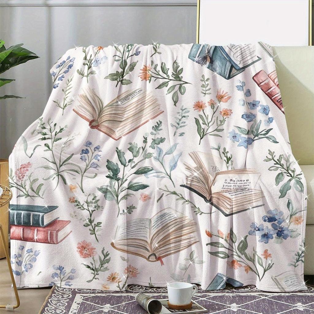 Vintage Floral Book Print Blanket, Soft Plush Throw For Home Decor, Warm Gift For Bookworms And Decor Enthusiasts